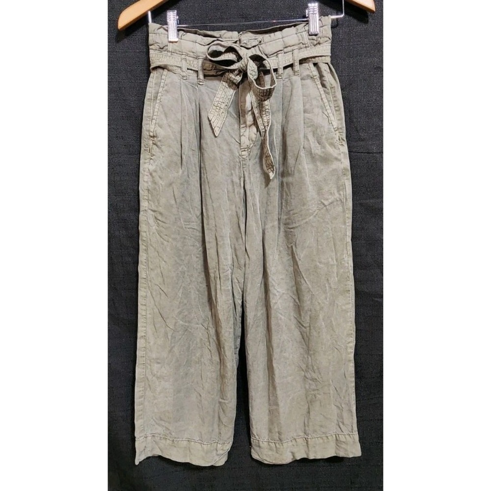 American Eagle Olive Green Paper Bag Cropped Wide Leg Pants Belted Women's Sz 00